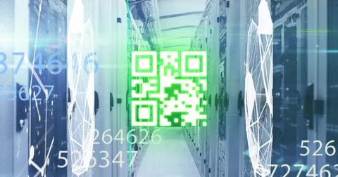 Green background QR code floating in front of server racks in data center 写真素材