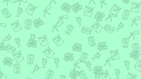 Green background with scattered drawings of objects and items. 스톡 일러스트