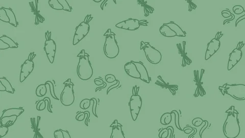 Green background with scattered vegetable illustrations perfect for food blogs,  Stock Footage 323775711