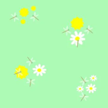 On a green background, a seamless pattern of daisies, dandelions, and drago.. Stock Illustration