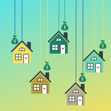 On a green background there are five houses with a price . house sale and Stock Illustration