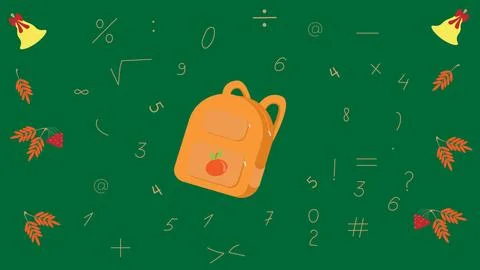 On a green background, there is an orange school backpack, numbers, symbols, and Illustrazione stock