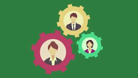 A green background with three people in gear wheel and gears on green screen Видео 335129895