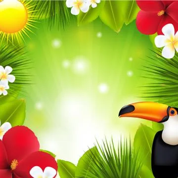 Green background with tropical elements and flowers Stock Illustration