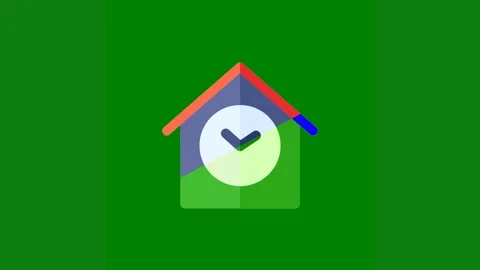 Green background white border house middle red blue phone clock green screen Stock Footage 314064643