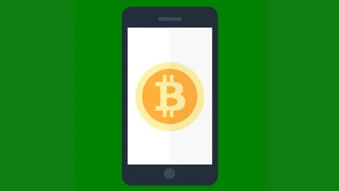 Green background white border smartphone sun screen bit coin yellow button black Video stock 314064813