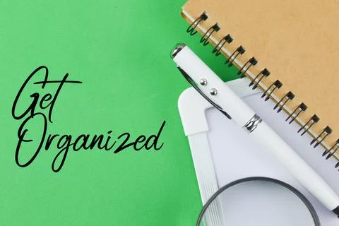 Green background written with text GET ORGANIZED Stock Photos