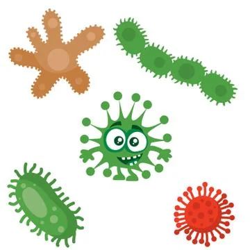 Green bacterium is surrounded by multi-colored viruses, cartoon style, isolated Stock Illustration