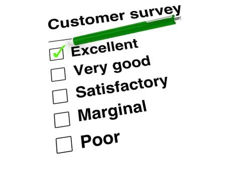 Green ball pen setting a mark at excellent on customer satisfaction checklist Illustrazione stock
