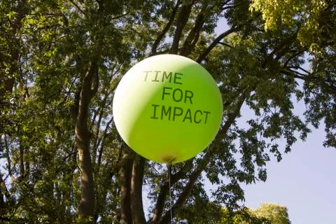 Green balloon with text through trees Stock Photos