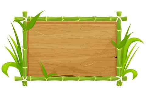 Green bamboo frame with leaves, empty wooden plank, signboard in cartoon style Stock Illustration