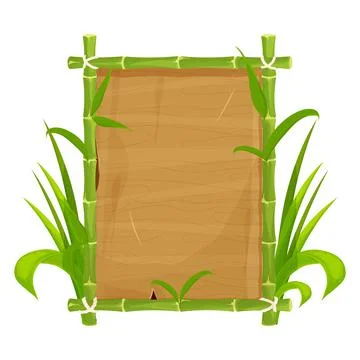 Green bamboo frame with leaves, empty wooden plank, signboard in cartoon style Stock Illustration