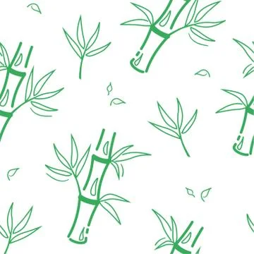 Green bamboo seamless pattern in line style on white background. Asian Stock Illustration