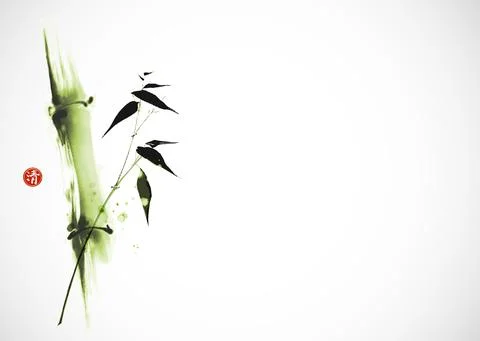 Green bamboo tree on white background. Traditional oriental ink painting sumi-e Stock Illustration