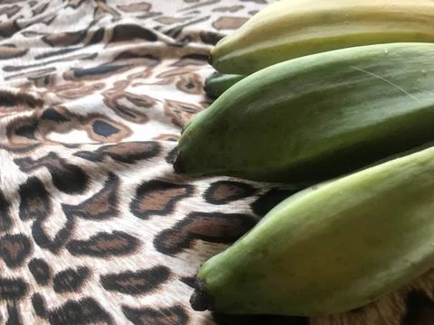 Green bananas on patterned fabric Stock Photos