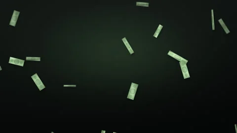 Green banknotes falling on dark background, money rain 4K seamless loop Видео 347991717