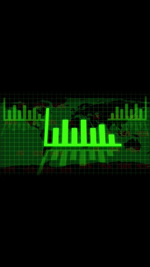 Green bar chart and line graph over world map grid glow. Green bar chart an.. Stock Footage 344840920