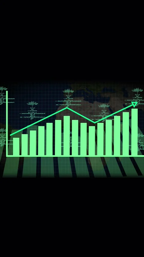 Green bar chart with upward trend arrow and world map. Green bar chart grap.. Stock Footage 344842024