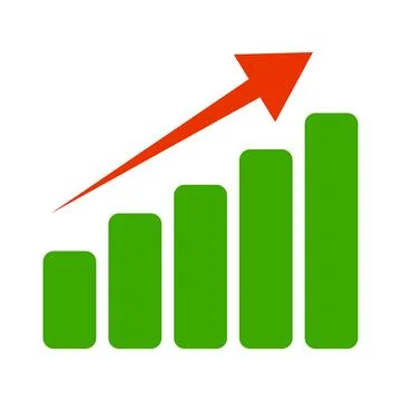 Green bar graph and rising red arrow. Business and finance data. Vectors. Illustrazione stock