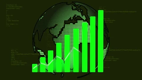 Green Bar Graph with a Dotted Globe and Glowing Code on a Dark Green Backgr.. Stock Footage 330790899