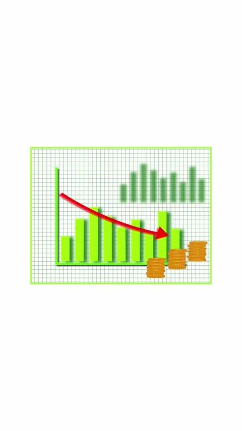 Green Bar Graph with Red Downward Arrow and Stacked Coins on Grid decline d.. Stock Footage 321631411