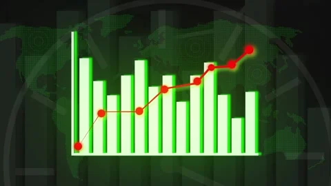 Green bar graph with red line graph overlayed on a world map animation back.. Stock Footage 321861101