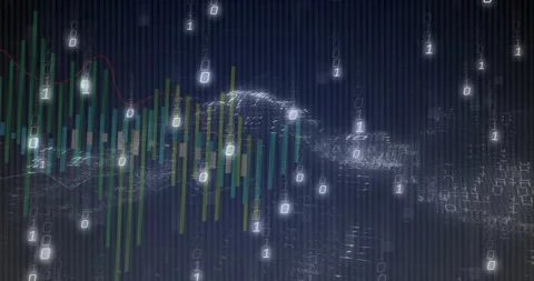 Green bars appearing triggers binary digits drifting while wave rising and chart Stock Footage 311508421