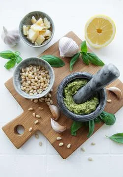 Green basil pesto Stock Photos