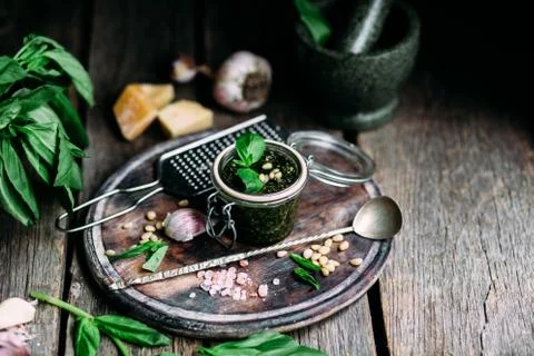 Green Basil Pesto with Pine Nuts Stock Photos
