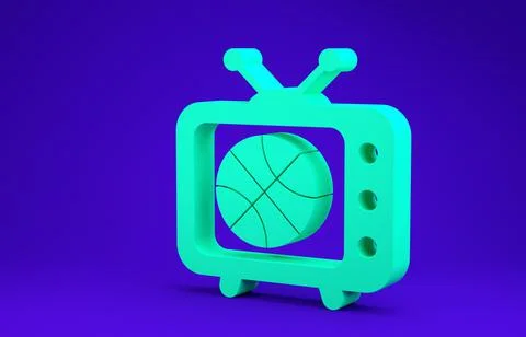 Green Basketball match on tv program icon isolated on blue background. Minima Ilustración de archivo