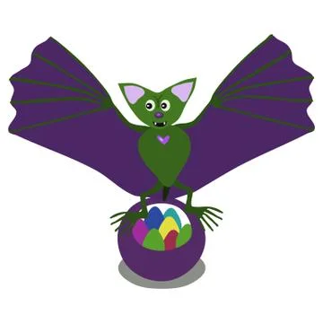 Green bat flapping its green wings over a basket of colored easter eggs. Illustrazione stock