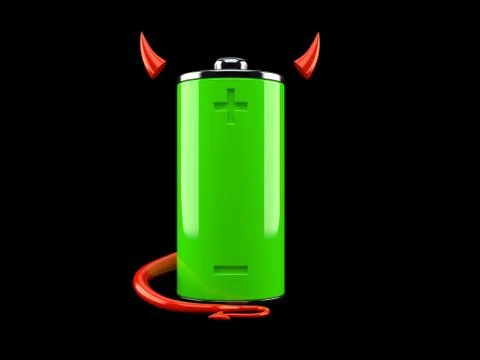 Green battery with devil horns and tail 스톡 일러스트