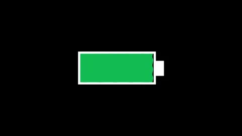 Green battery icon charging to full level on black background Stock Footage 340156068