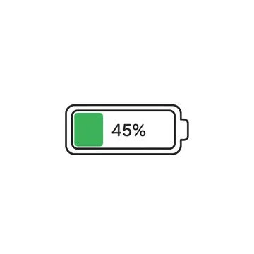 Green battery level icon at 45 percent charge on white background Stock Illustration