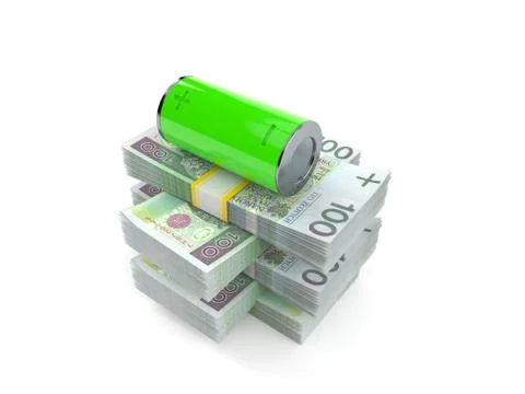 Green battery on stack of money Illustrazione stock