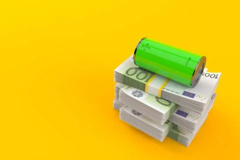Green battery on stack of money Illustrazione stock