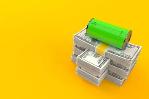 Green battery on stack of money Stock Illustration