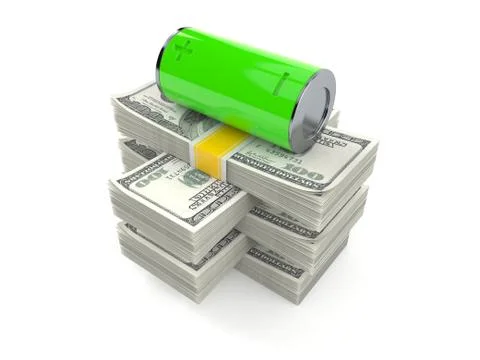 Green battery on stack of money Stock Illustration