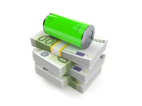 Green battery on stack of money Stock Illustration