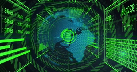 Green beams forming dot globe, globe rotating in HUD tunnel, reticle pulsing, Stock Footage 320651969