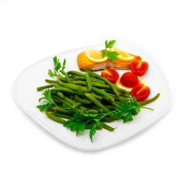 Green beans and salmon fish Stock Photos
