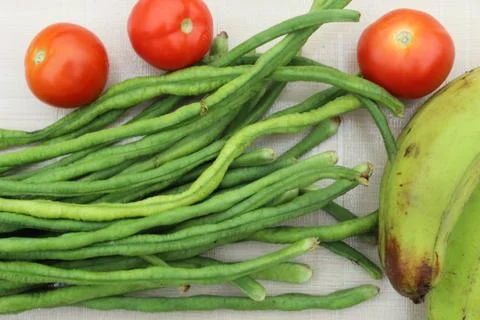 Green beans display with selective focus and fresh various raw organic vegetable Stock Photos