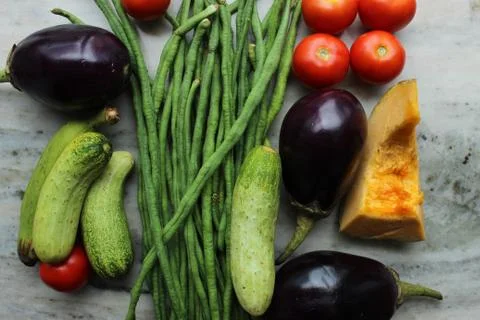 Green beans display with selective focus and fresh various raw organic vegetable Stock Photos