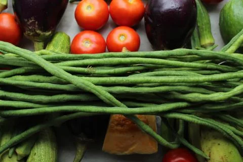 Green beans display with selective focus and fresh various raw organic vegetable Stock Photos