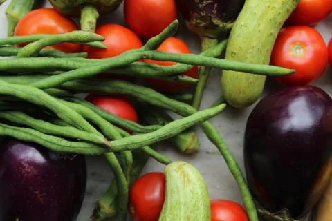 Green beans display with selective focus and fresh various raw organic vegetable 库存照片