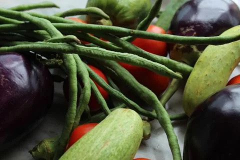 Green beans display with selective focus and fresh various raw organic vegetable 库存照片