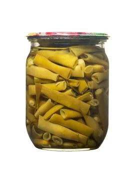 Green beans marinated in a jar Foto stock