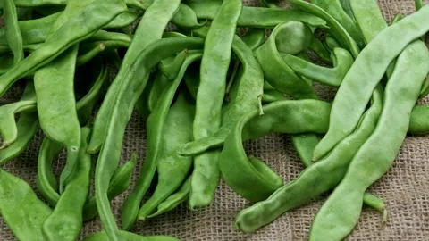 Green beans in a sack on a sacking background Stock Footage 157381621