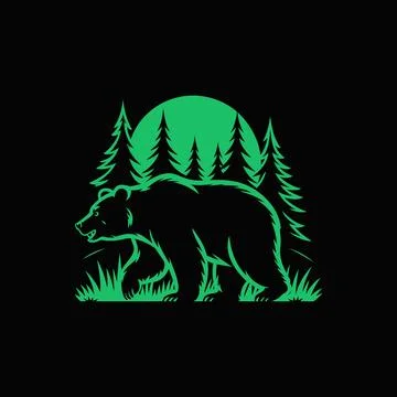 Green Bear Silhouette in Forest Backdrop With Sunset Circle Stock Illustration