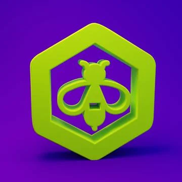 Green Bee and honeycomb icon isolated on purple-blue background. Honey cell.. Illustrazione stock
